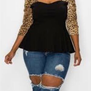 Plus Size Leopard Print 3/4 Sleeve Square Tops Size 3xl